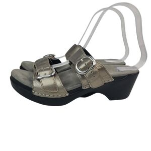 Dansko Sophie Silver Metallic Leather Double Strap Slide Sandals Size 38/7.5